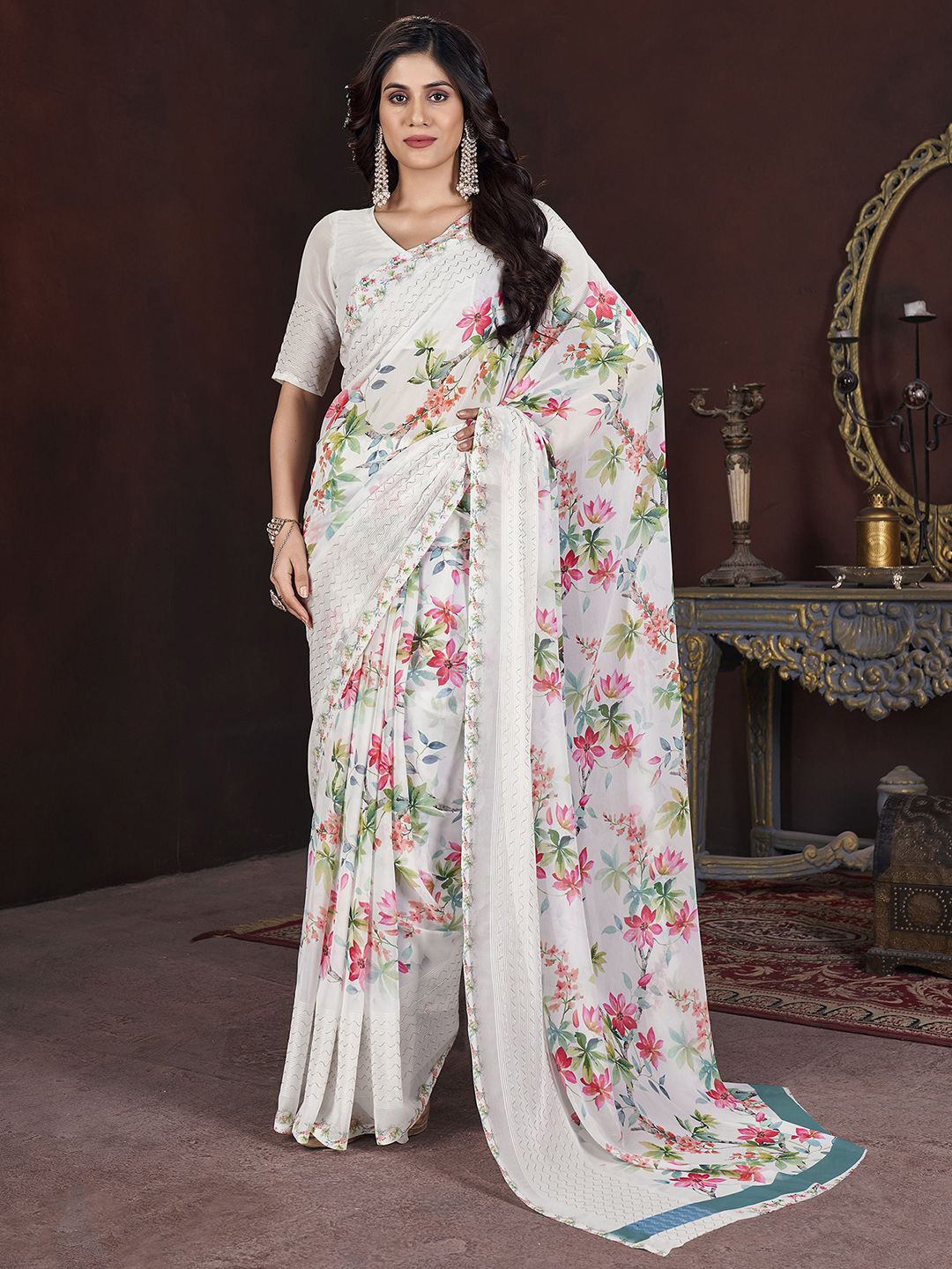 

Mitera Floral Printed Pure Georgette Saree, White