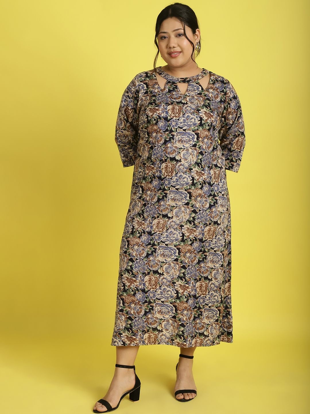 

theRebelinme Women Plus Size Floral Printed A-Line Midi Dress, Navy blue