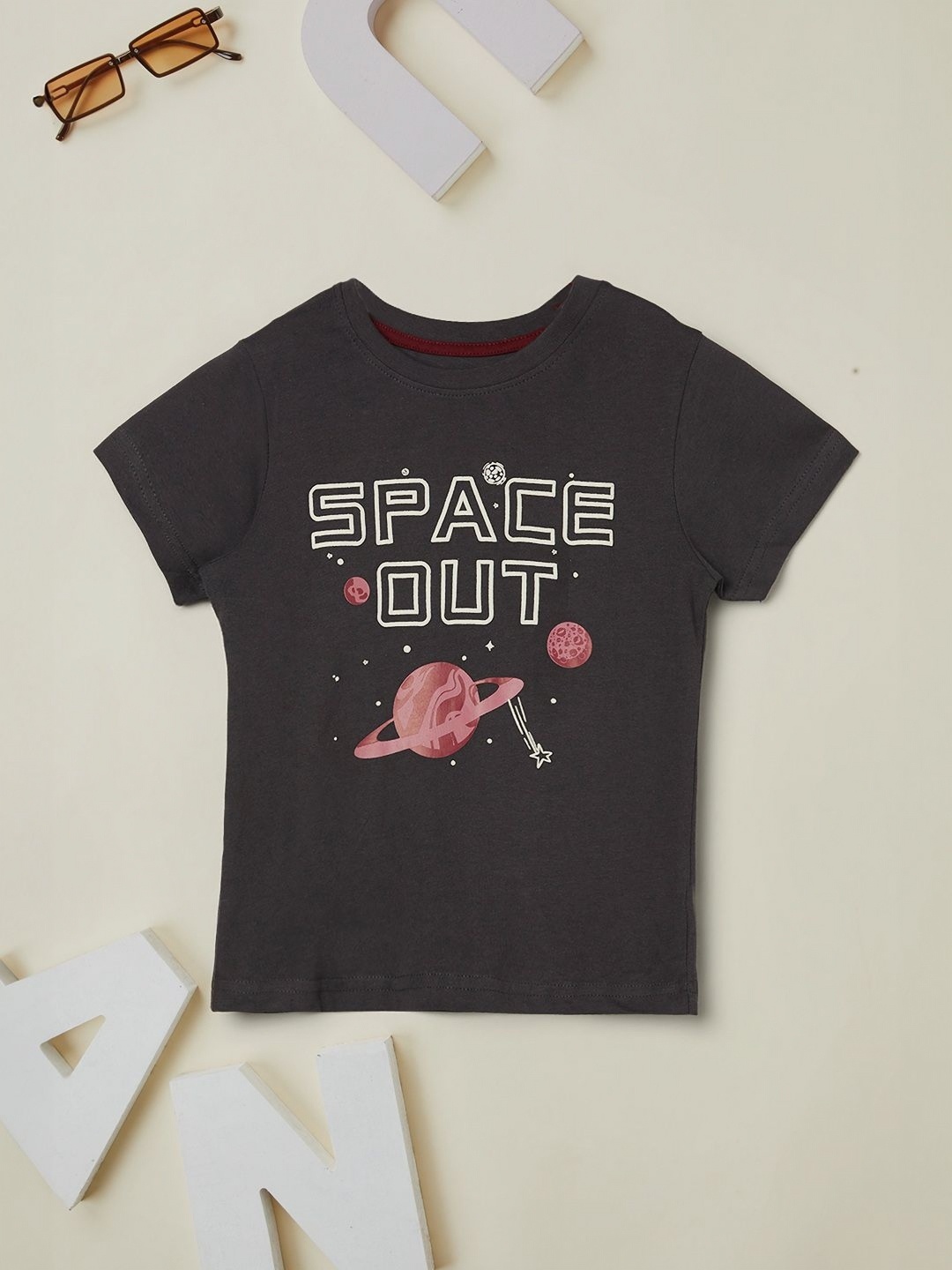 

max Boys Typography Printed Round Neck Cotton T-shirt, Grey