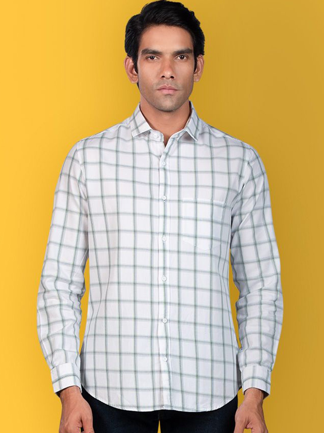 

Beyoung Men Spread Collar Tartan Checked Cotton Relaxed Fit Casual Shirt, White