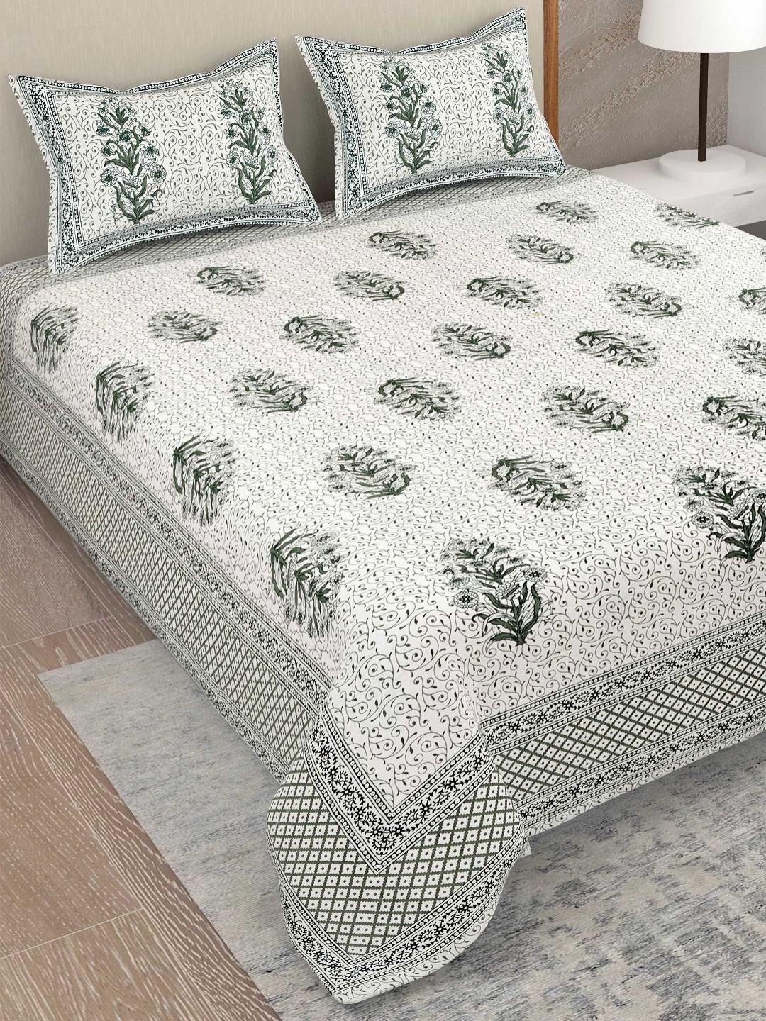 

Adwitiya White & Green Floral 300 TC Pure Cotton Double King Bedsheet Set 2.74 m x 2.74 m