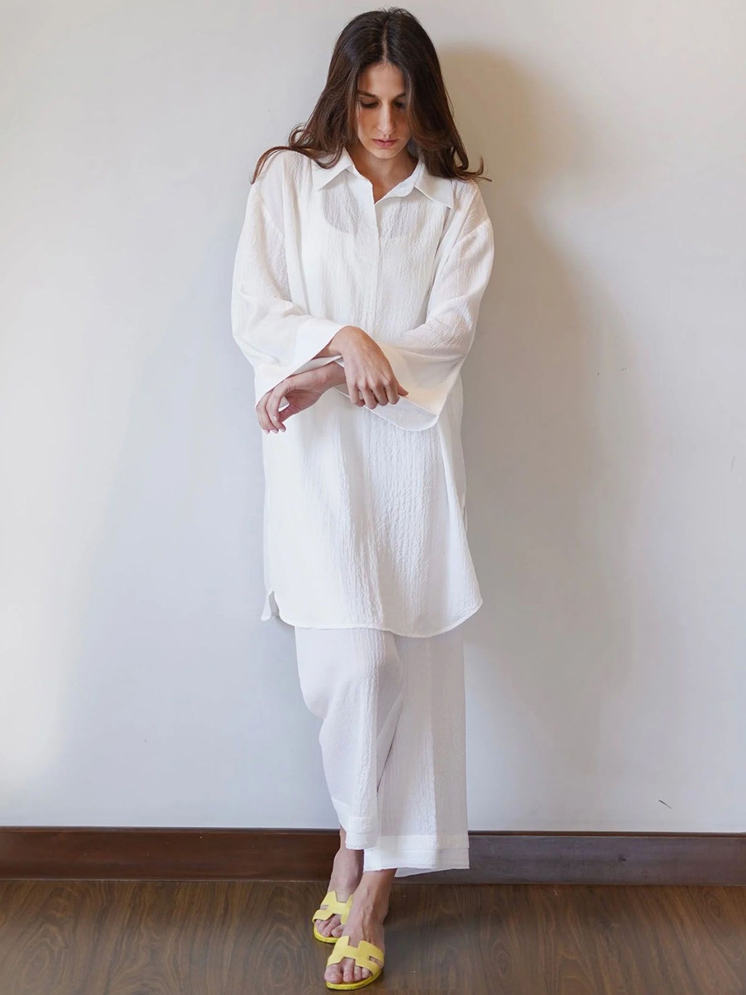 

Navvi Self Design Casual Shirt With Trousers, White