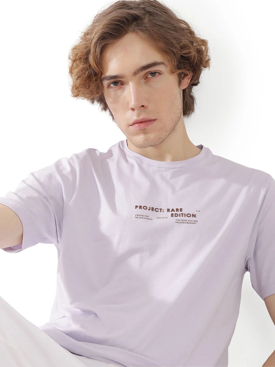 

RARE RABBIT Men Typography Printed Round Neck Cotton T-shirt, Purple