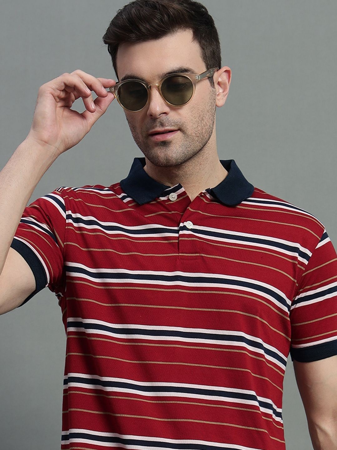 

GET GOLF Men Striped Polo Collar Cotton T-shirt, Red
