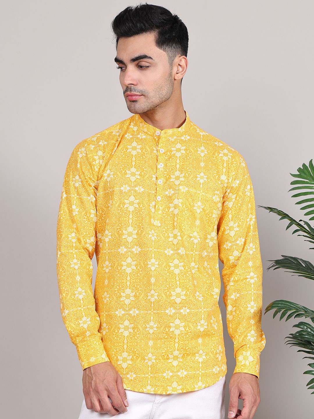 

Majestic Floral Printed Band Collar Long Sleeves Regular Pure Cotton Straight Kurta, Yellow