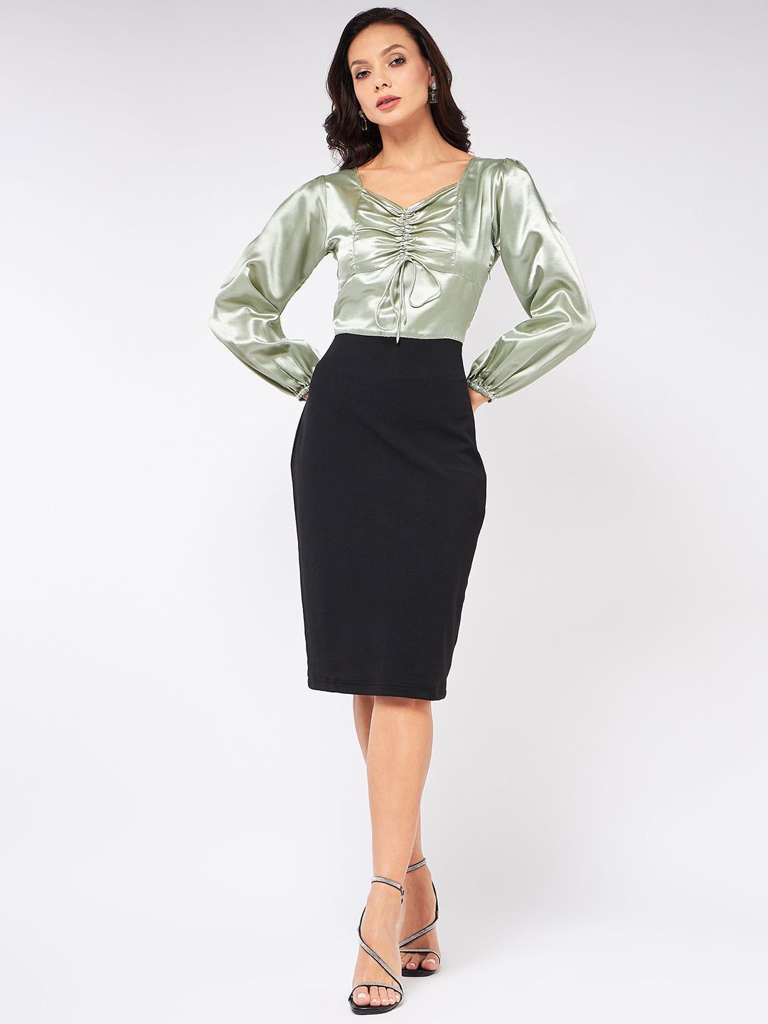 

Zima Leto Satin Sweetheart Neck Puff Sleeves Sheath Dress, Green
