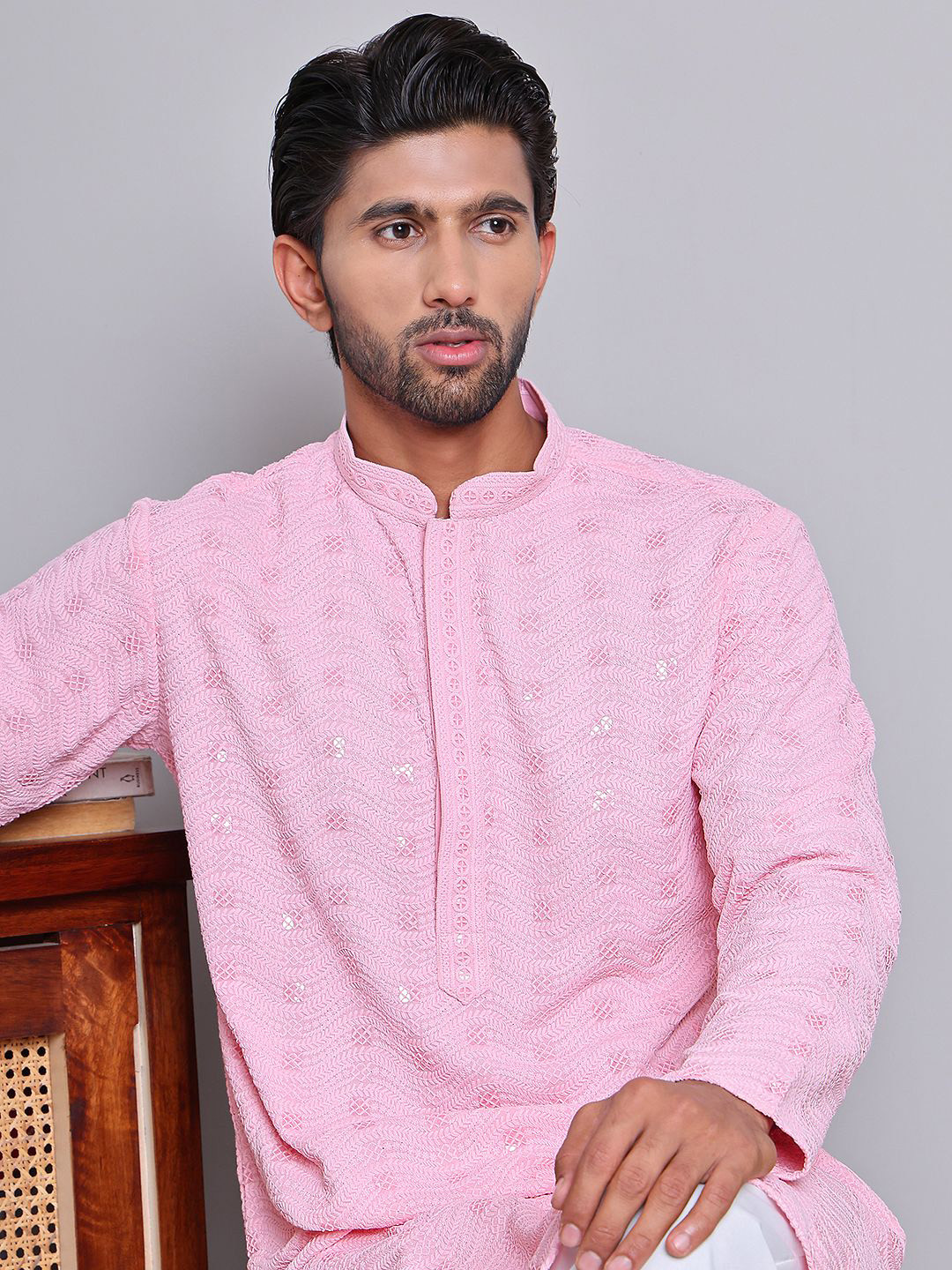 

Jompers Leheriya Embroidered Sequinned Mandarin Collar Straight Kurta with Pyjamas, Pink