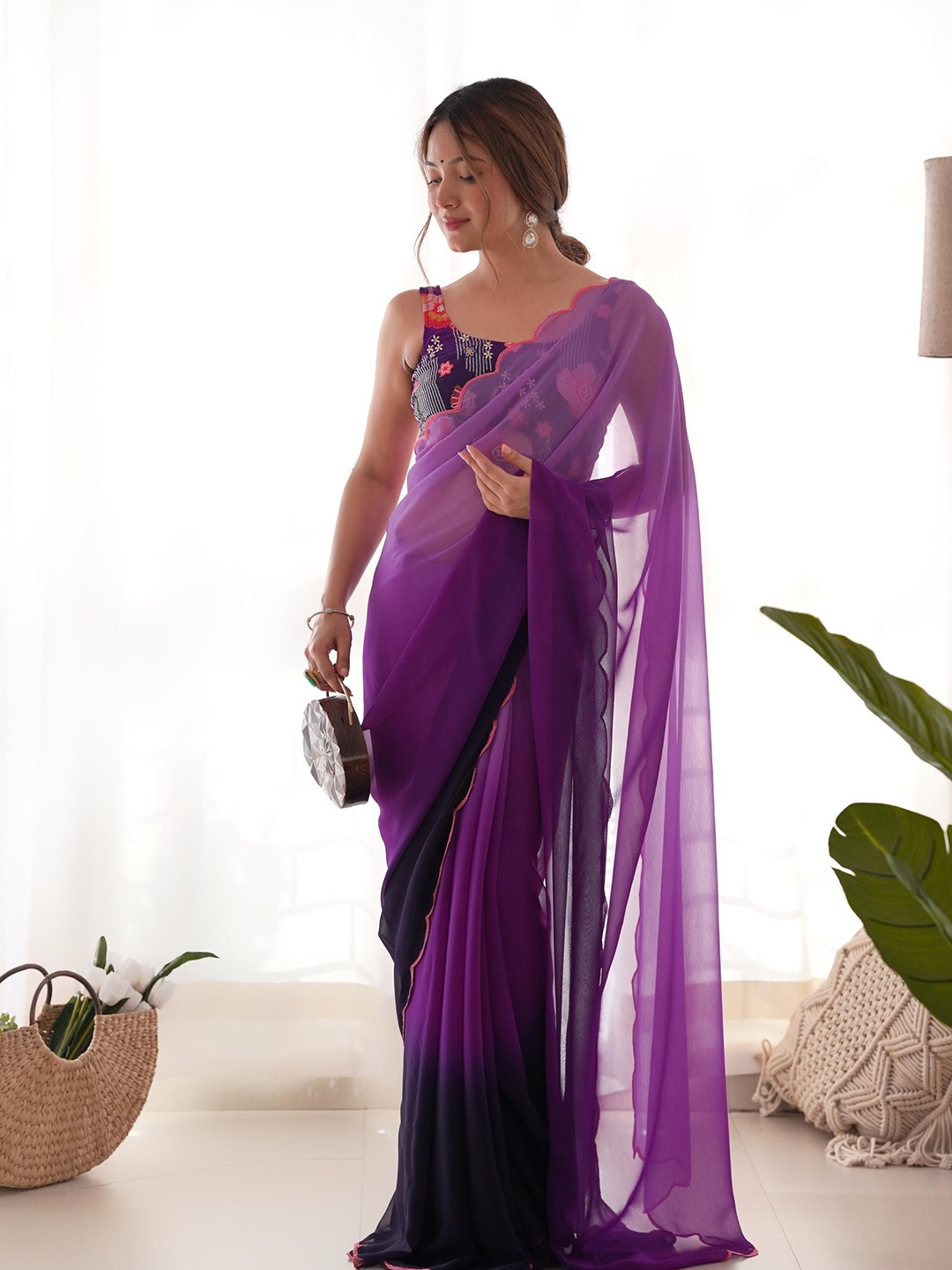 

Mitera Ombre Embroidered Pure Georgette Saree, Purple