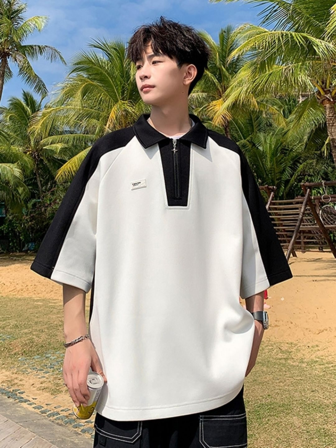 

HERE&NOW Men Colourblocked Polo Collar Oversized T-shirt, White