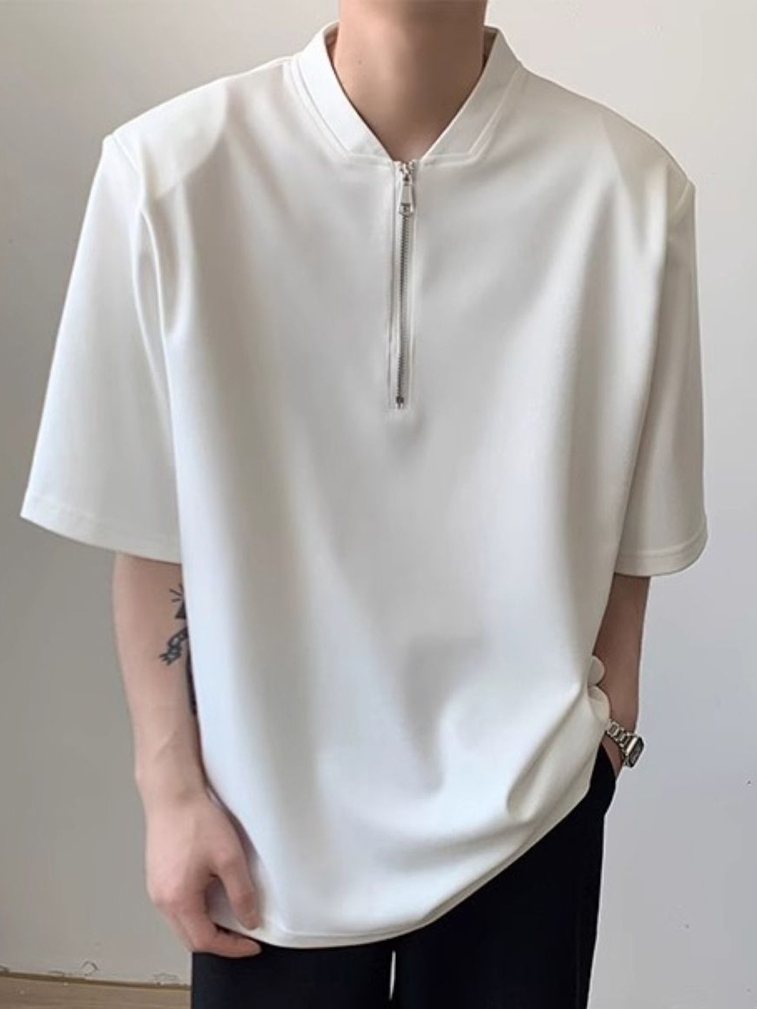 

HERE&NOW Men Solid Mandarin Collar Oversized T-shirt, White