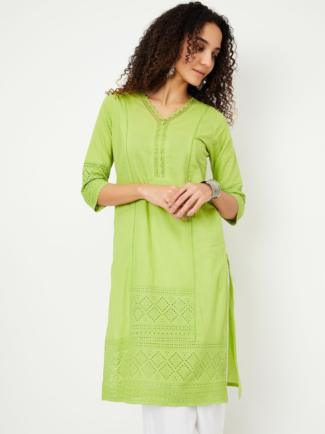 

max Woven Design V-Neck Cotton Straight Kurta, Lime green