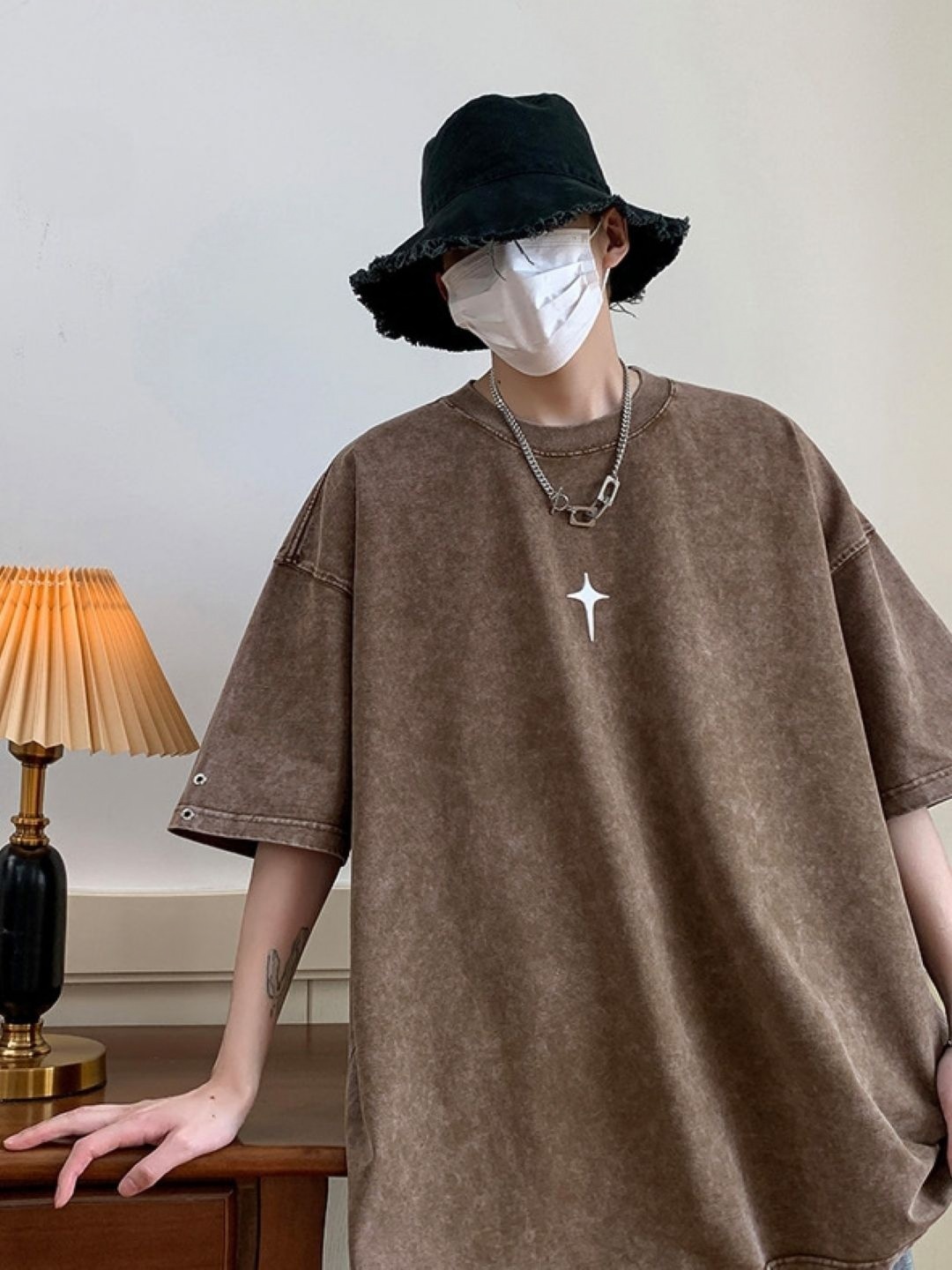 

HERE&NOW Men Graphic Printed Round Neck Cotton Oversized T-shirt, Brown