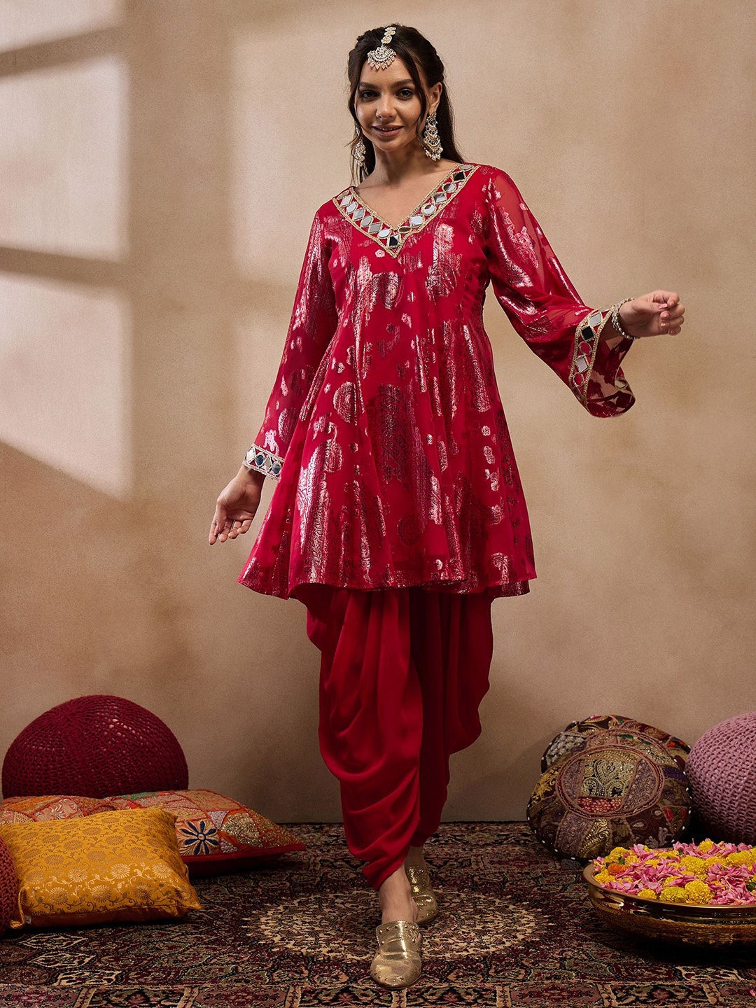 

MABISH by Sonal Jain V-Neck Floral Woven Design Mirror Work A-Line Kurti with Dhoti Pants, Red