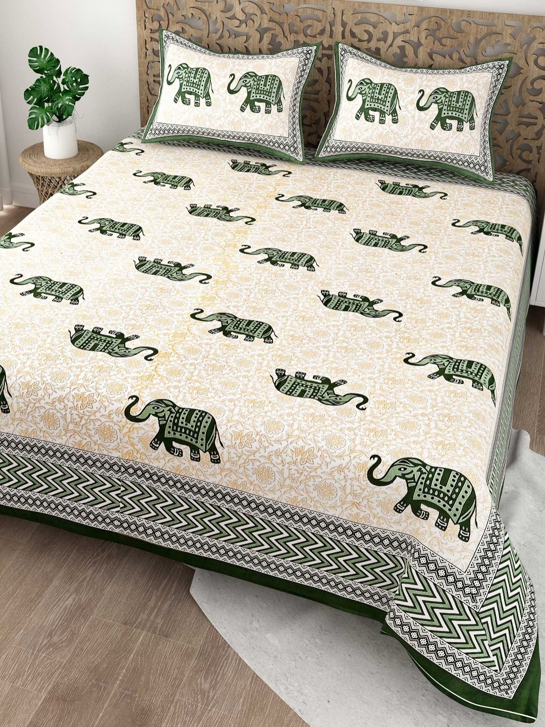 

Adwitiya White & Green Ethnic Motifs 200 TC Pure Cotton Queen Bedsheet Set 2.28 m x 2.74 m