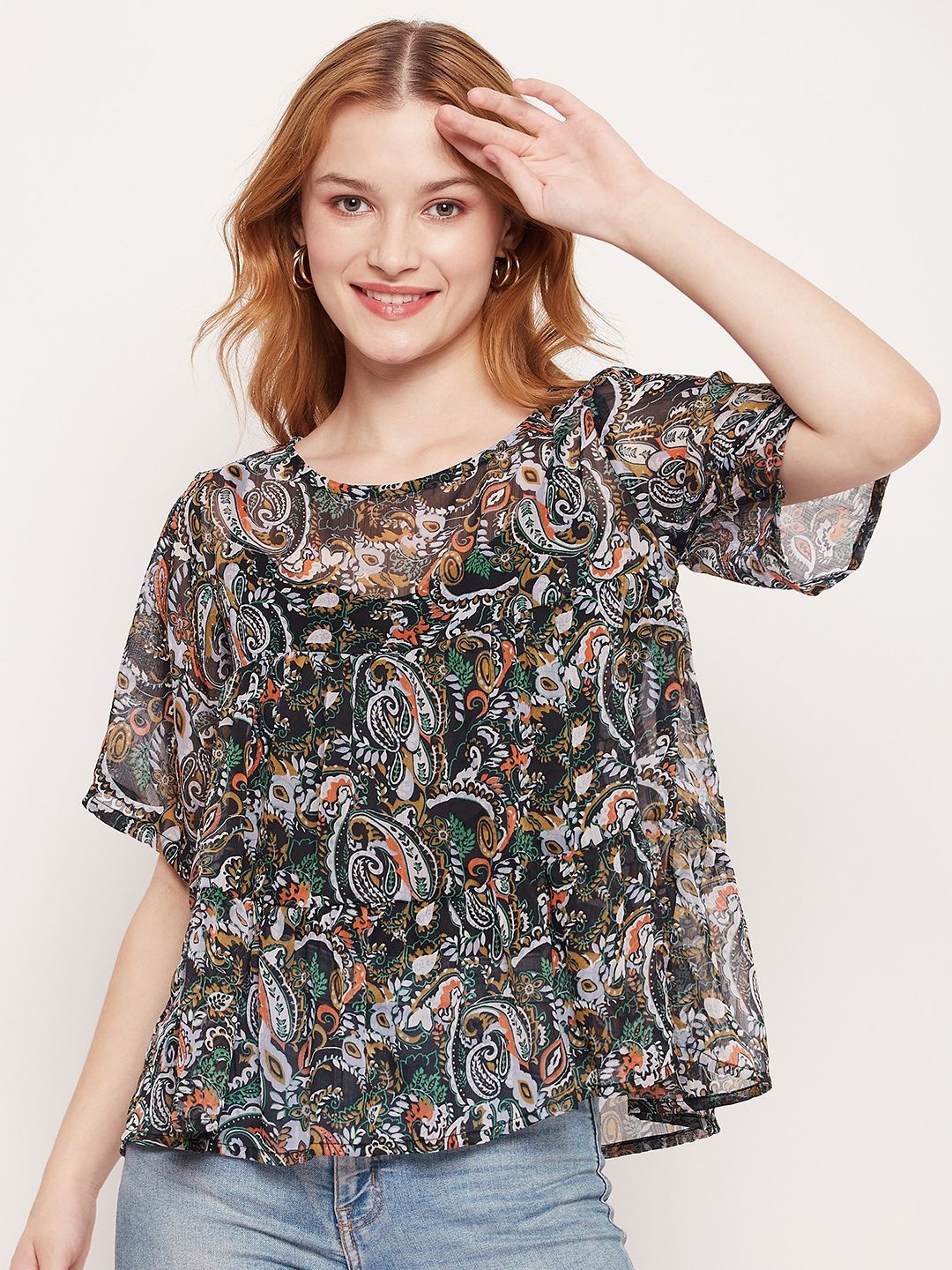 

DressBerry Women Floral Print Round Neck Semi Sheer Top, Black