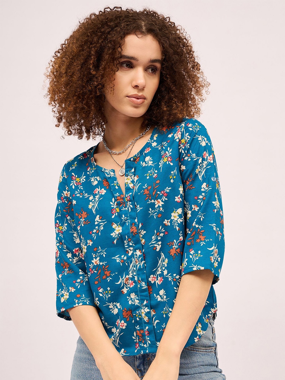 

Mayra Women's Floral Print Cotton Shirt Style Top, Blue