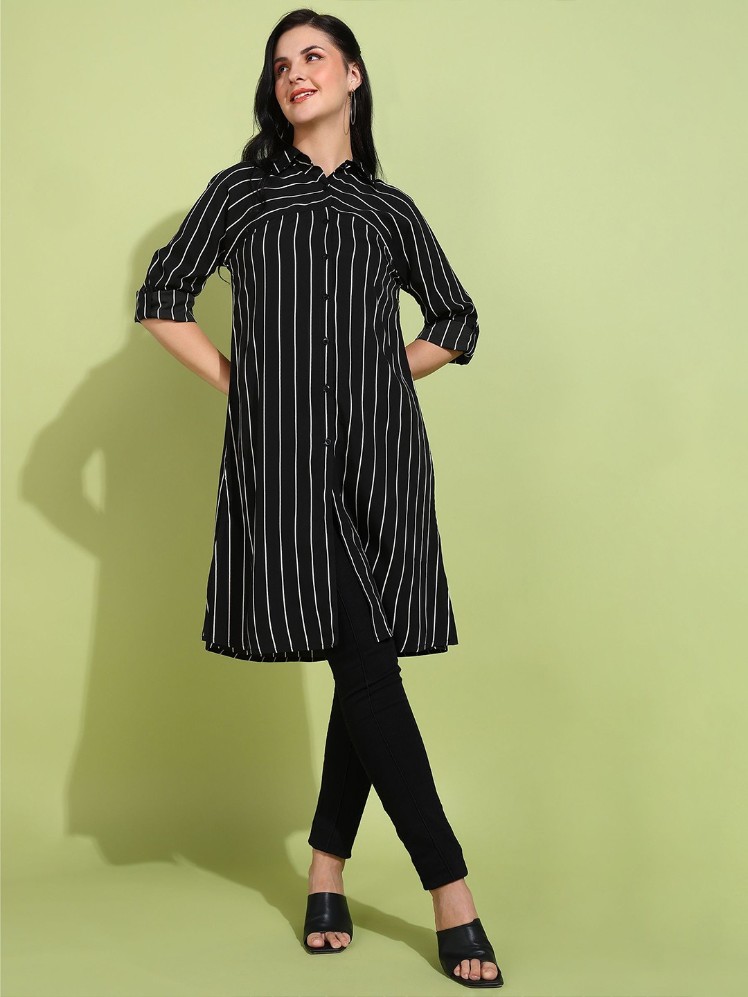 

DressBerry Women Striped Mandarin Collar Shirt Style Longline Top, Black