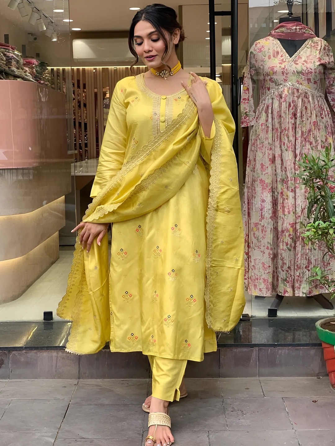 

Lilots Geometric Embroidered Straight Kurta with Trousers & Dupatta, Yellow