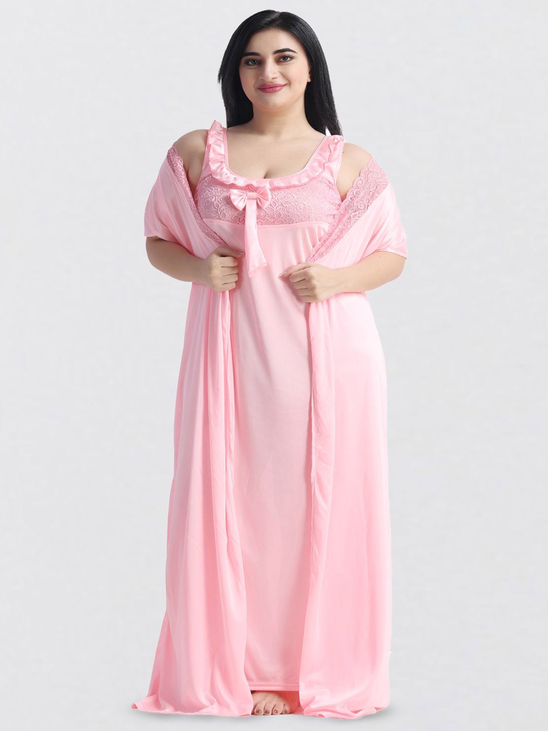 

NIGHT KEYS Women Round Neck Maxi Nightdress, Pink