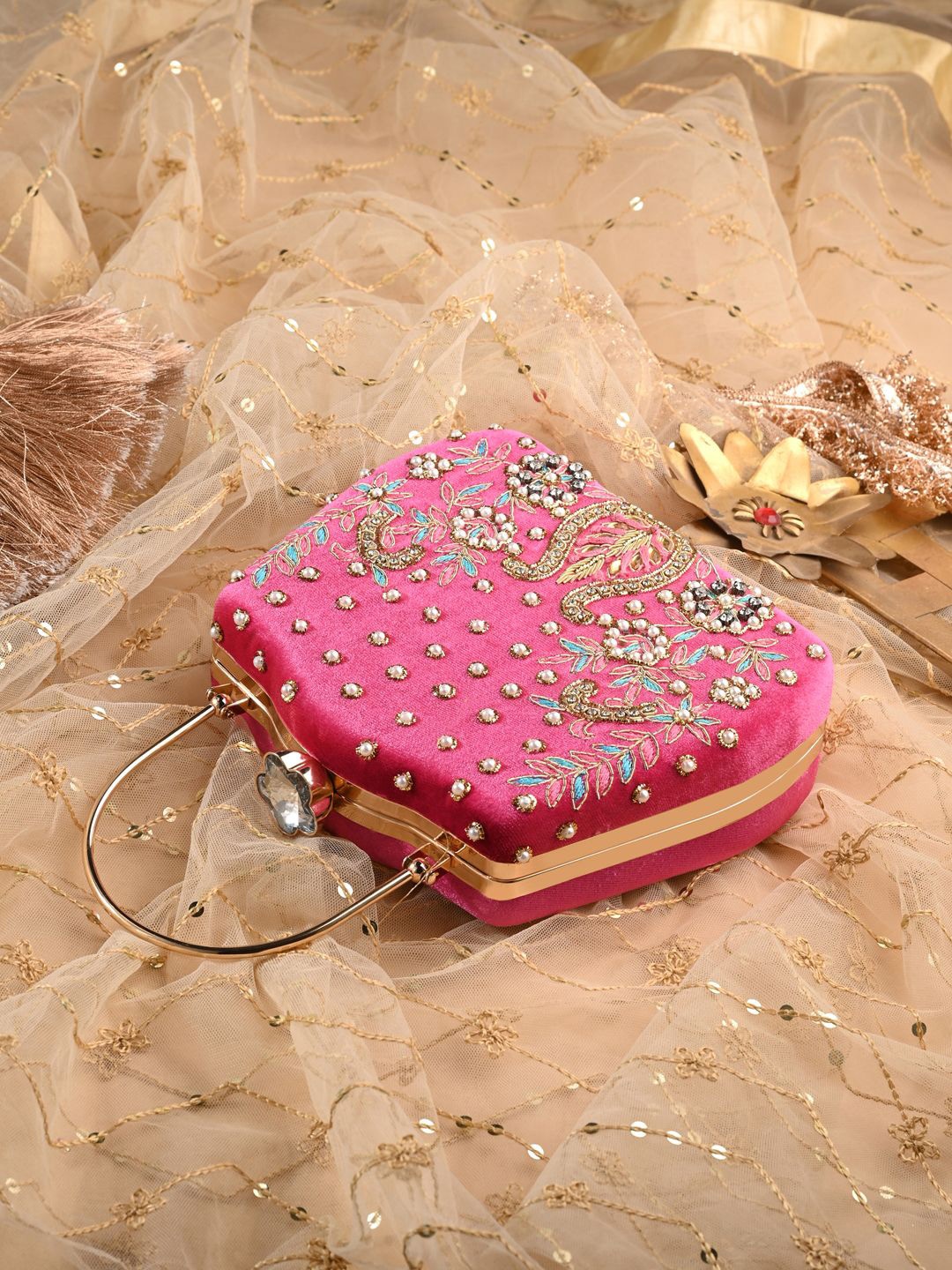 

DressBerry Floral Embellished Box Clutch, Pink