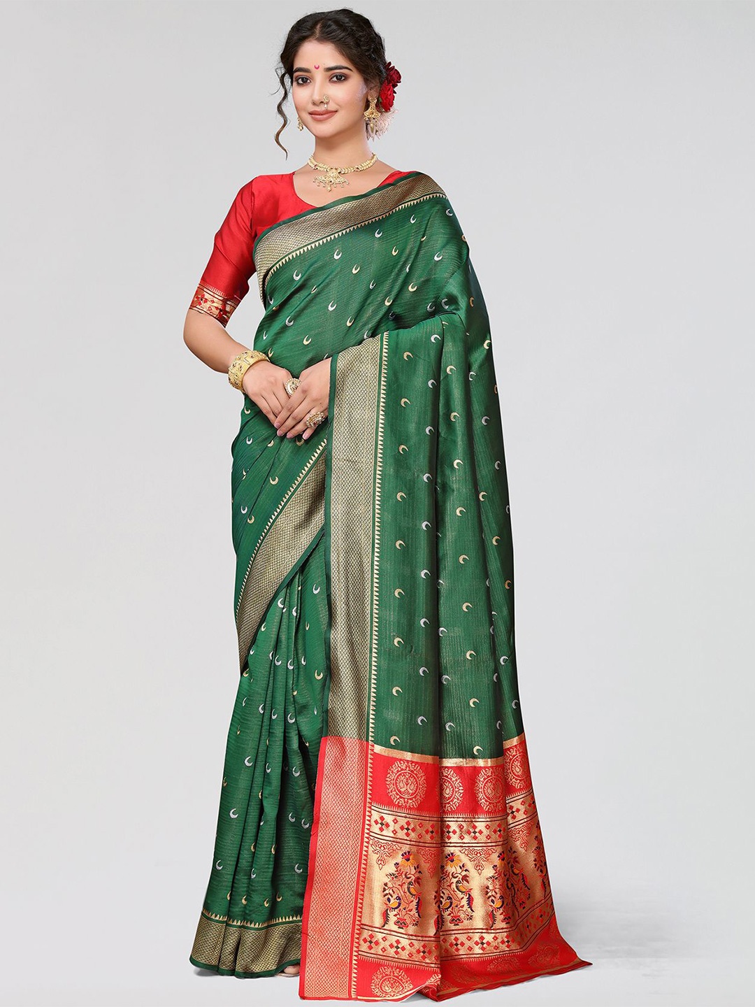 

KALINI Ethnic Motifs Woven Design Zari Saree, Green