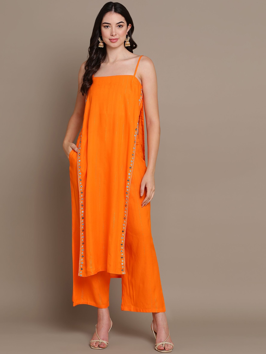 

HERE&NOW Striped High Slit Mirror Work Straight Kurta with Palazzos, Orange