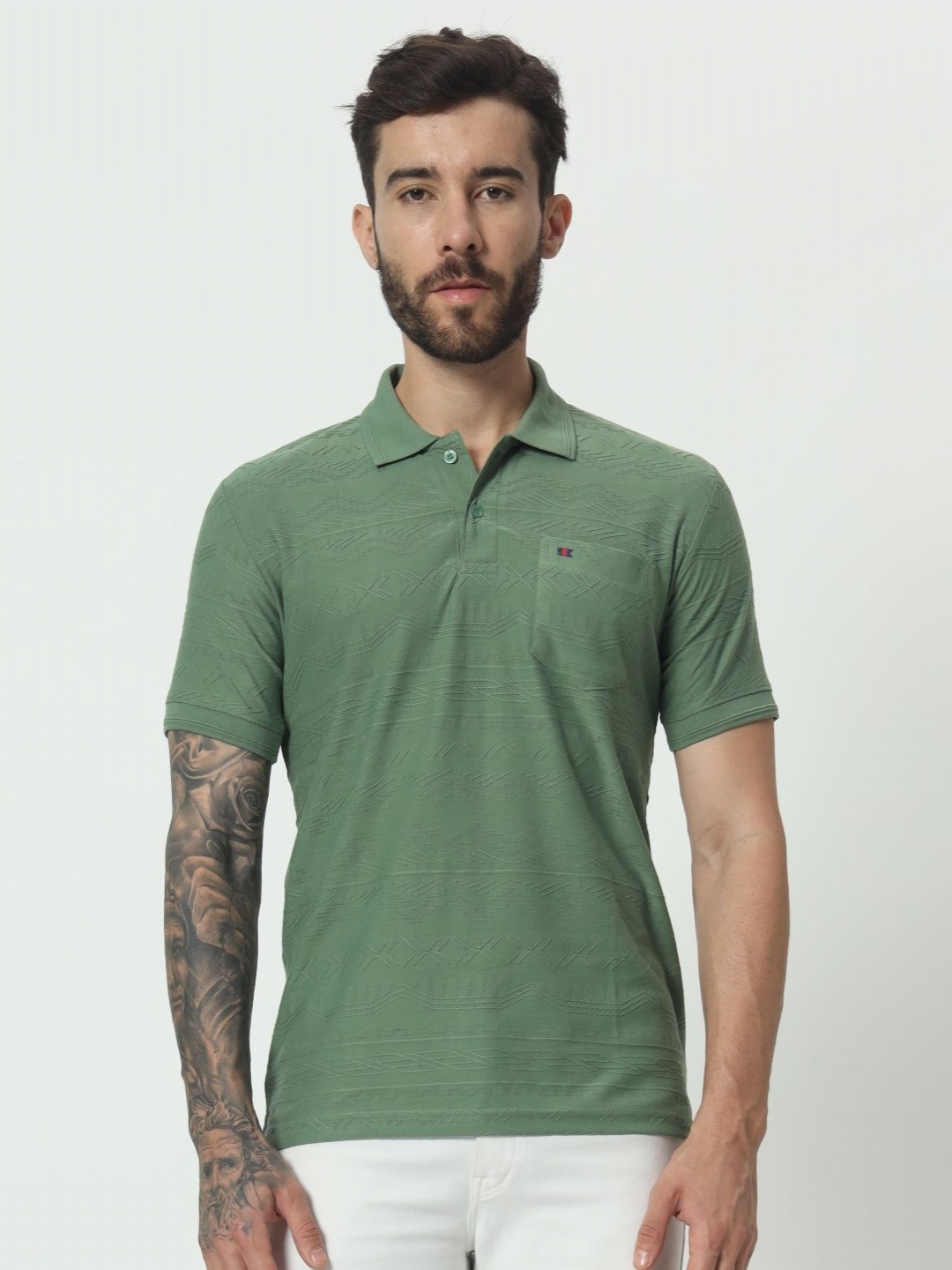 

TAB91 Men Self Design Polo Collar Cotton T-shirt, Green