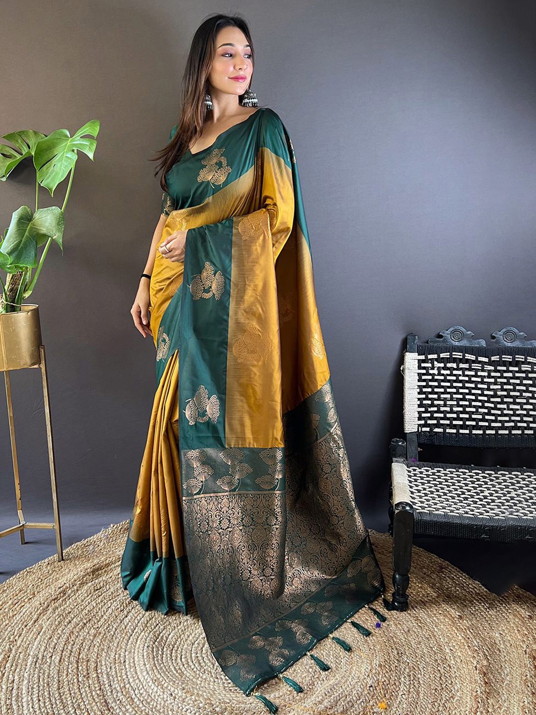 

Mitera Woven Design Zari Tussar Saree, Mustard