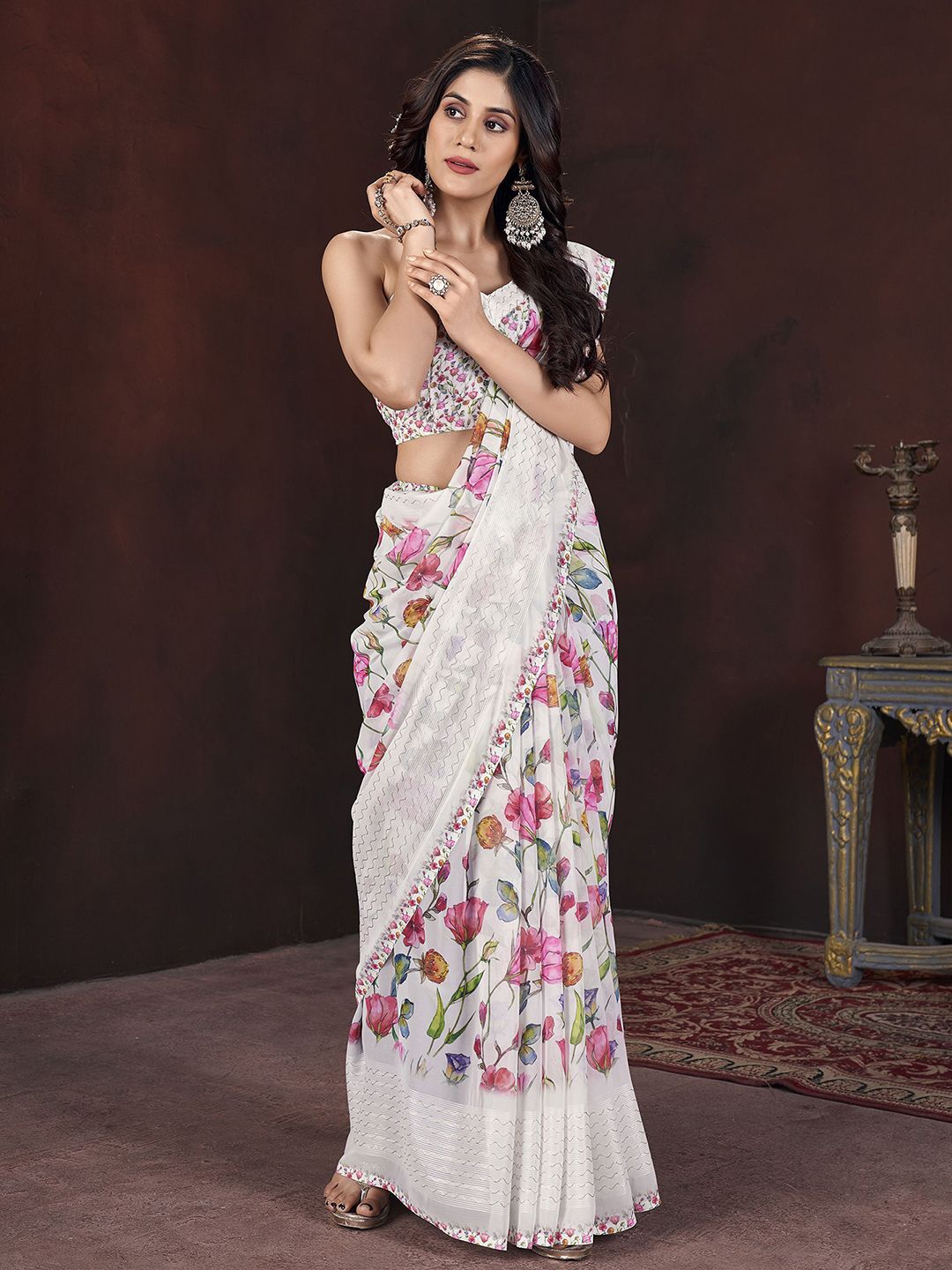 

Mitera Floral Printed Embroidered Pure Georgette Saree, White