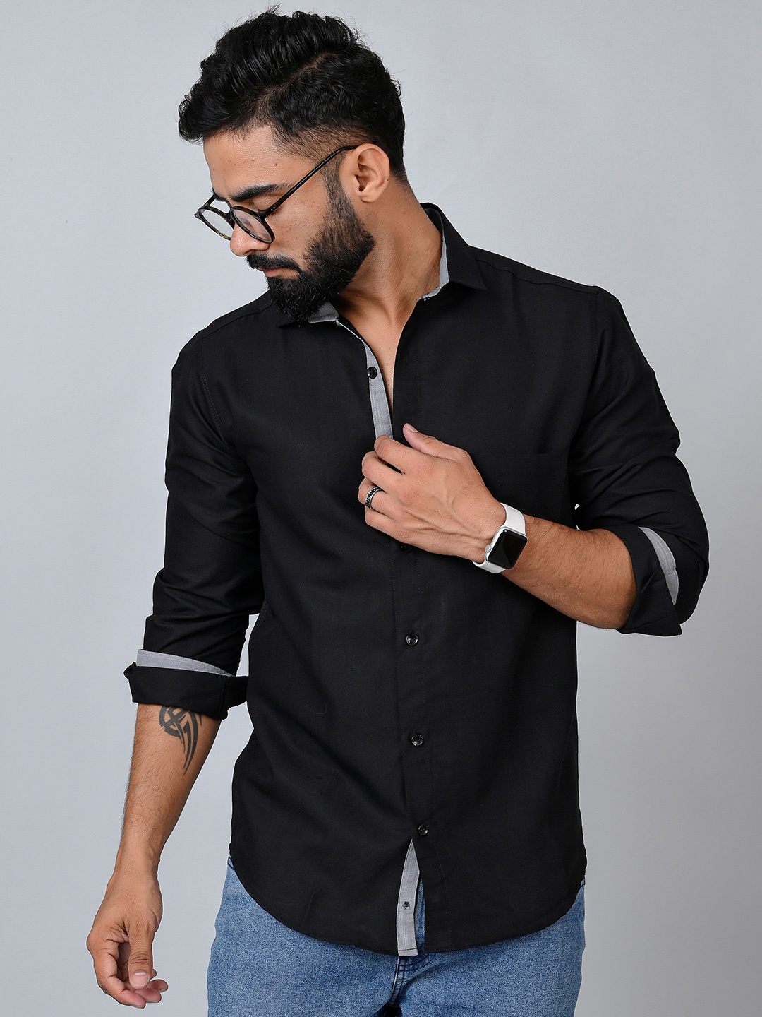 

Tanip Men Spread Collar Solid Cotton Casual Shirt, Black