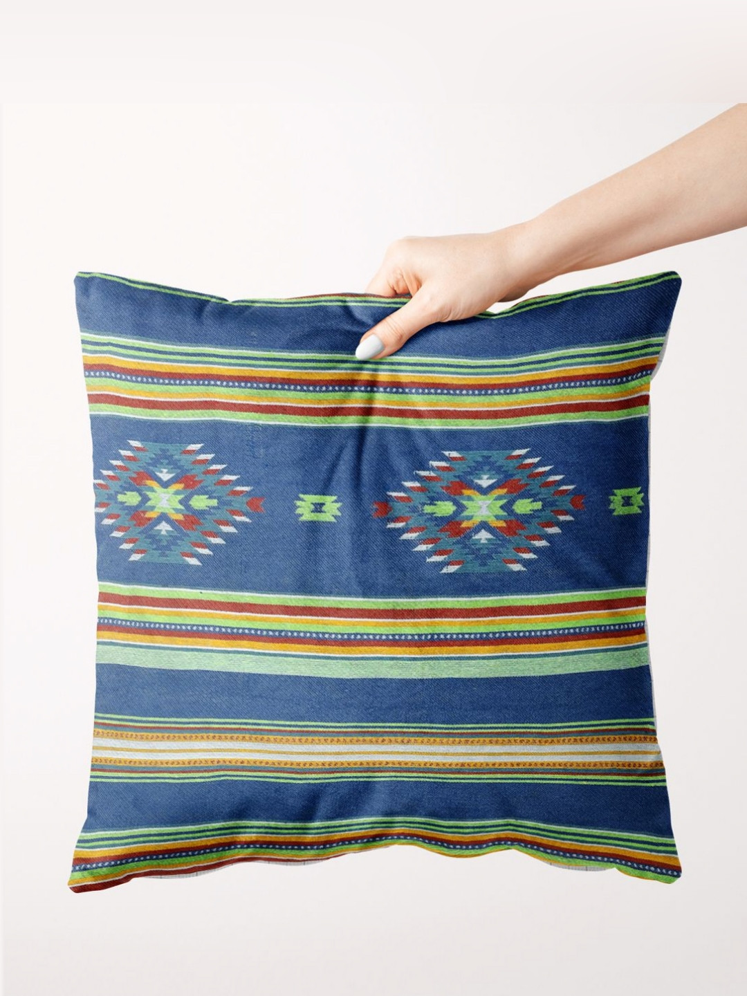 

BIANCA Blue & Green Striped Jute Cotton Square Cushion Cover