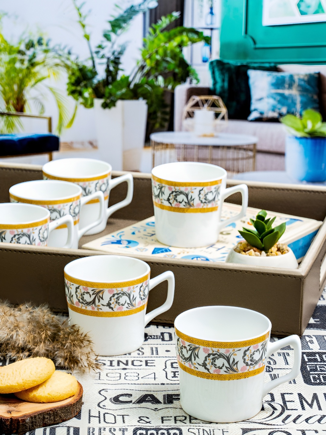 

SONAKI White & Grey 6 Pieces Floral Printed Mugs 120ml