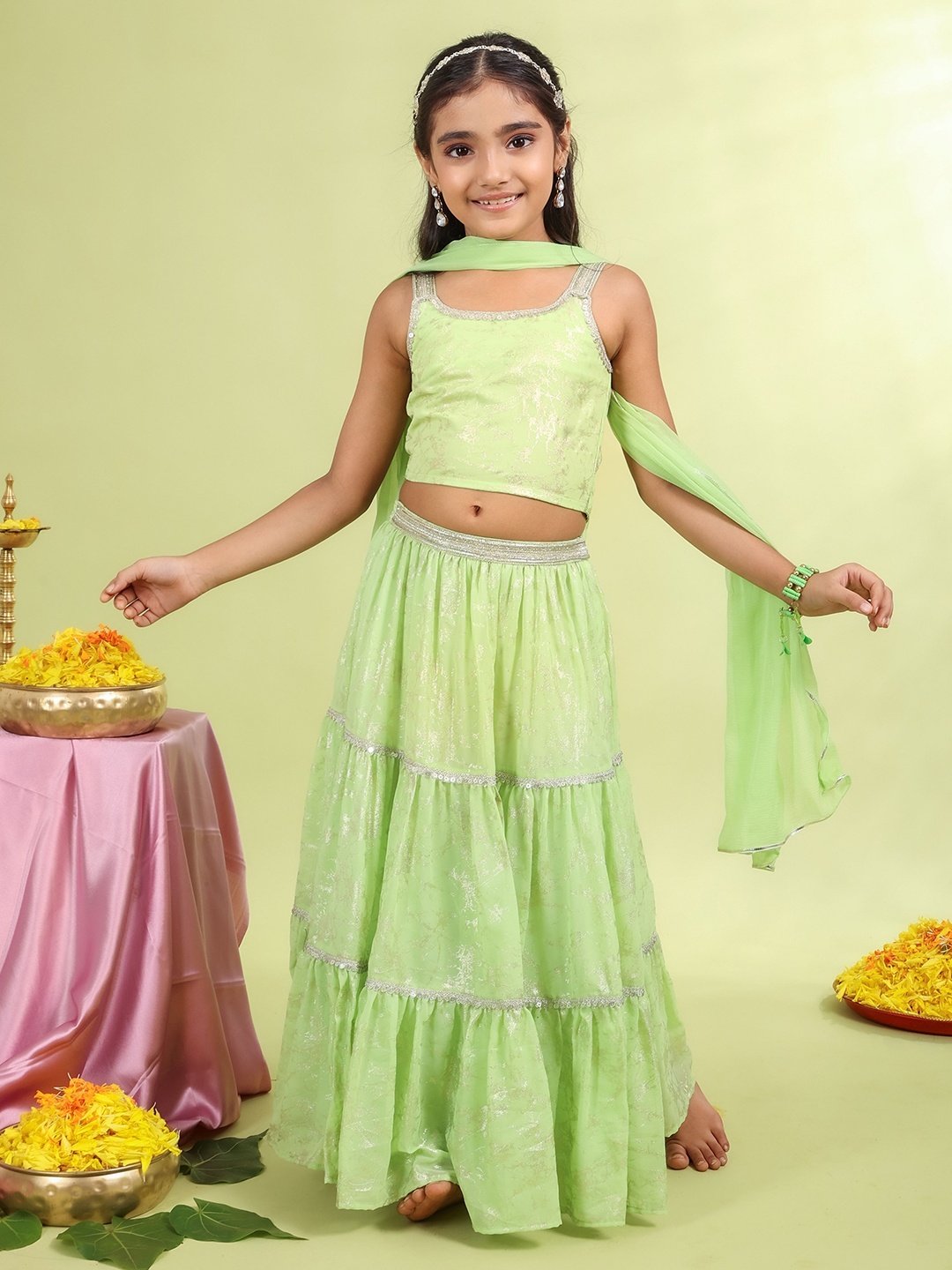 

MASTARANG Girls Embellished Sequinned Ready to Wear Lehenga & Blouse With Dupatta, Lime green