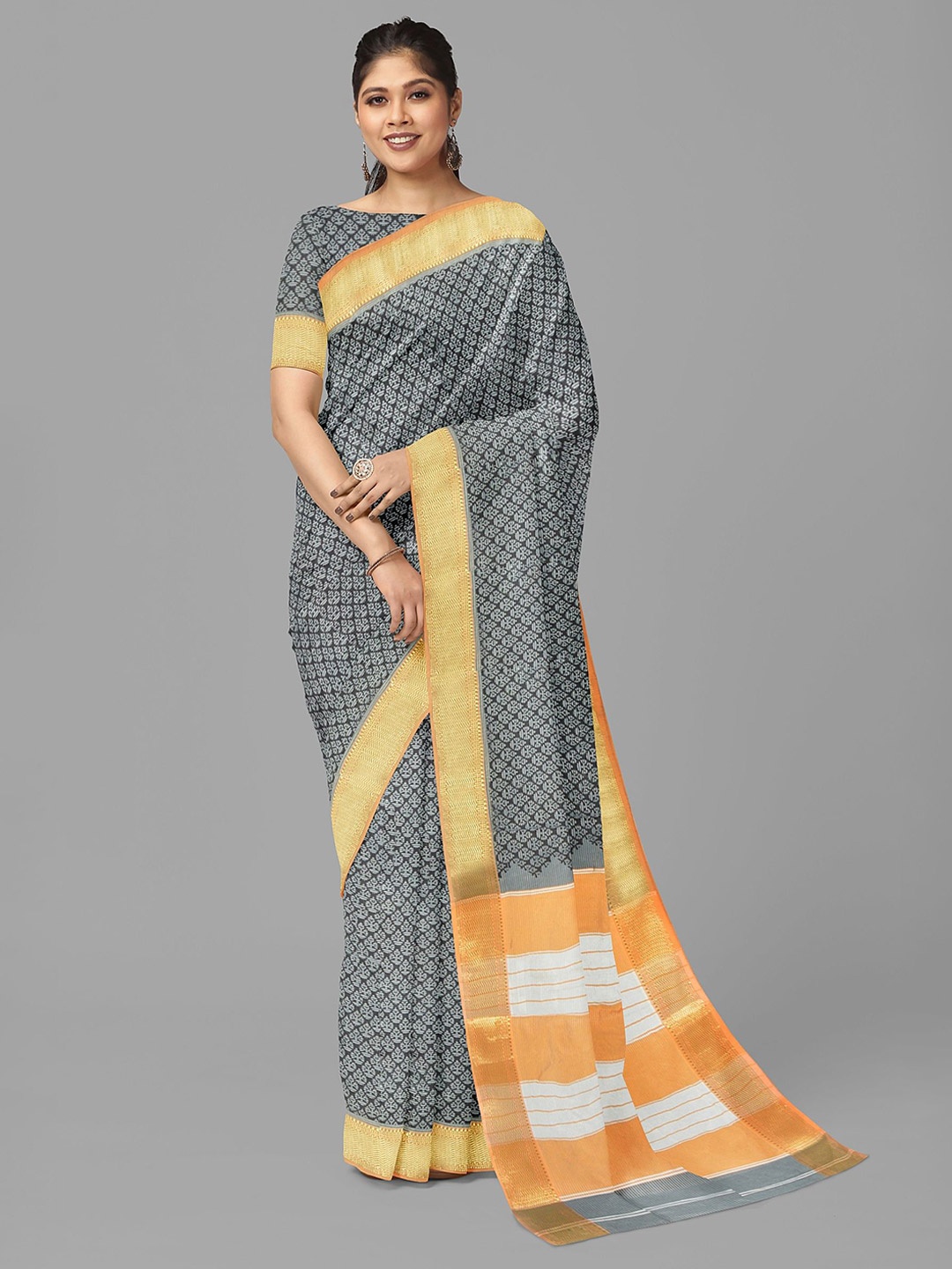 

The Chennai Silks Floral Printed Zari Pure Cotton Muga Saree, Black