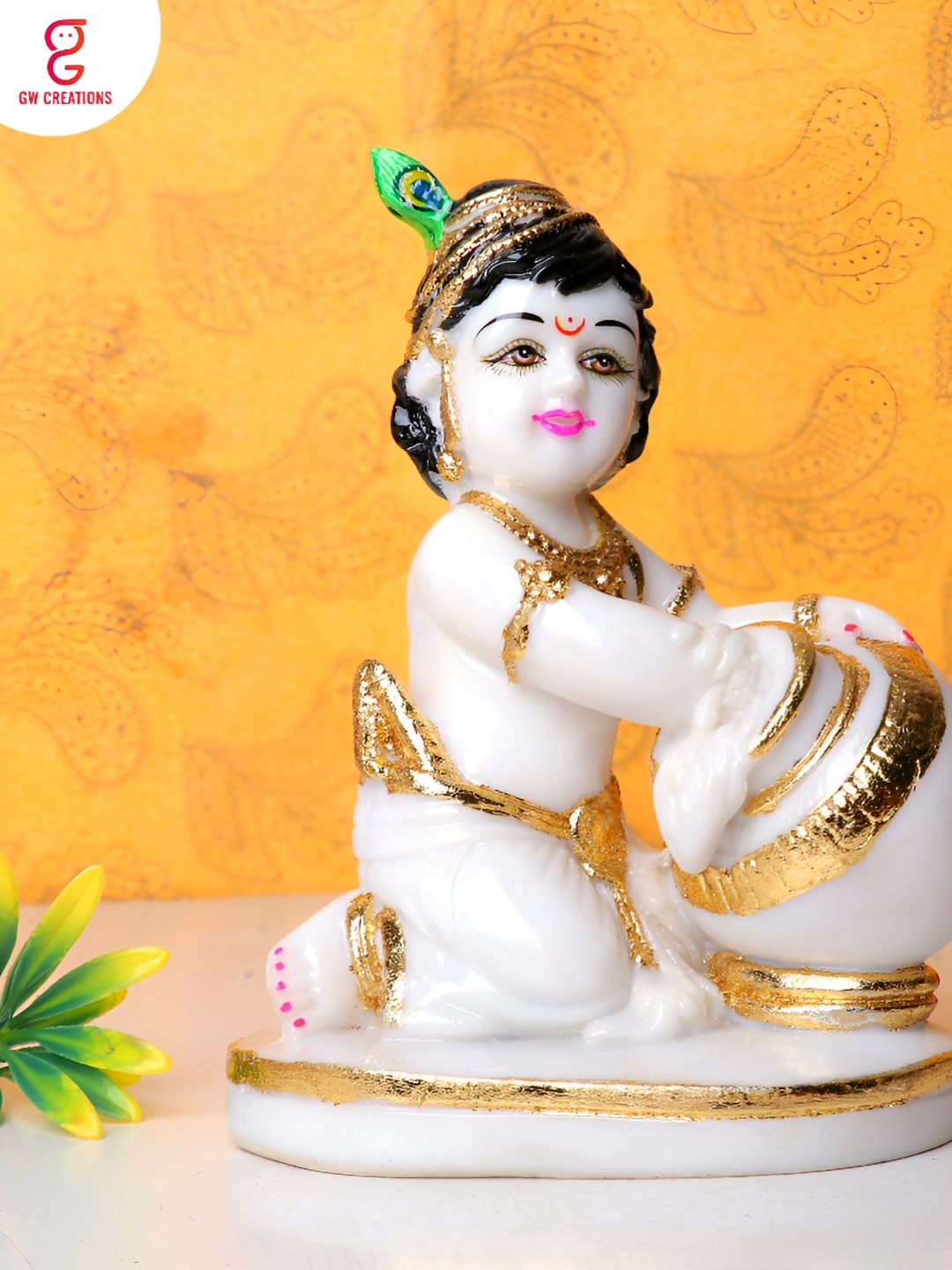 

GW CREATIONS White & Gold-Toned Lord Krishan Marble Religious Idol Showpiece