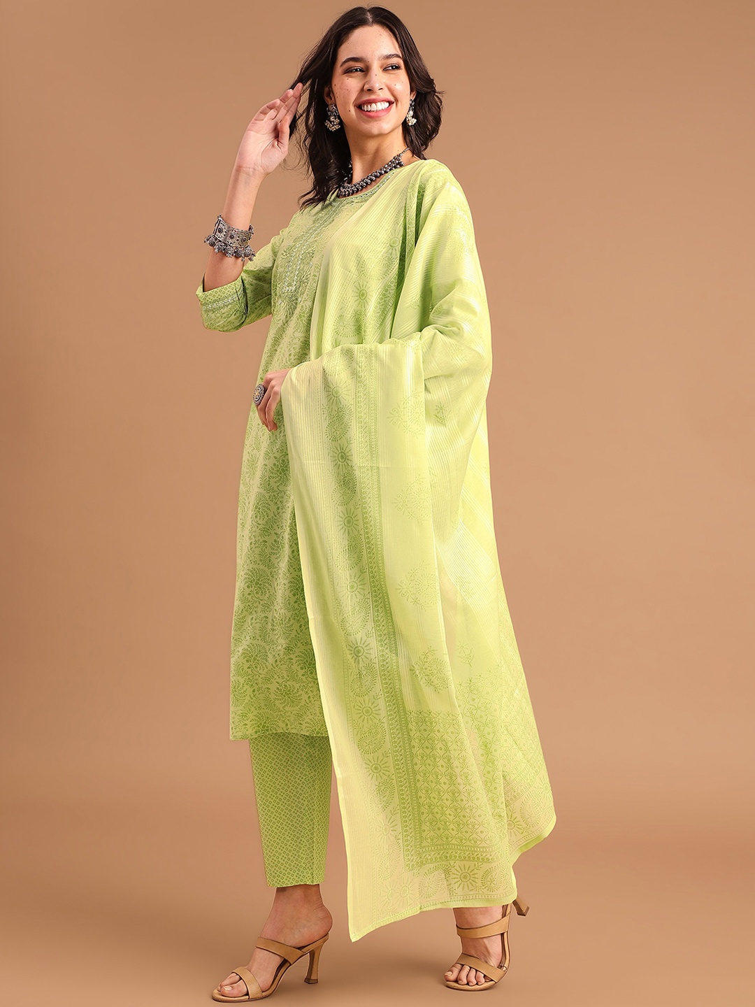 

TRIVEDI Ethnic Motifs Printed Pure Cotton Straight Kurta With Trousers & Dupatta, Green