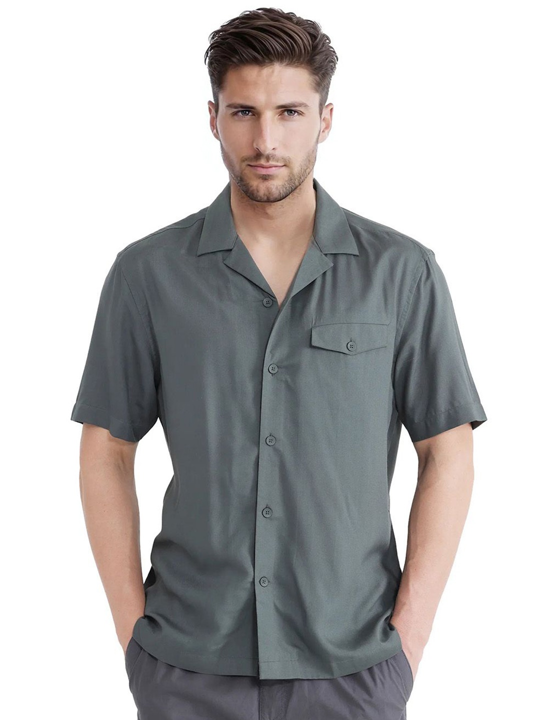 

RARE RABBIT Men Comfort Cuban Collar Solid Casual Shirt, Teal