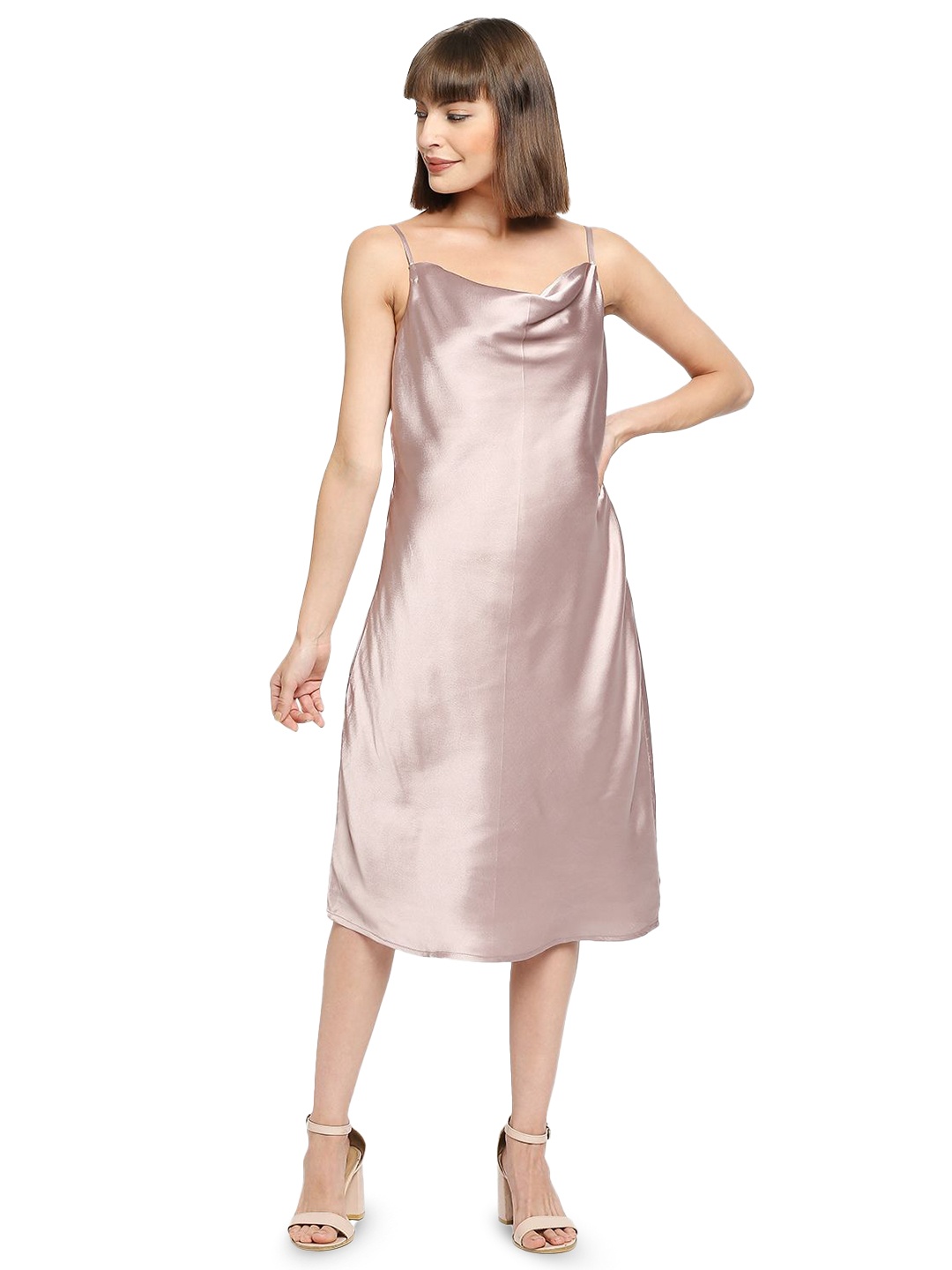 

AMMARZO Women Cowl Neck Satin A-Line Midi Dress, Champagne