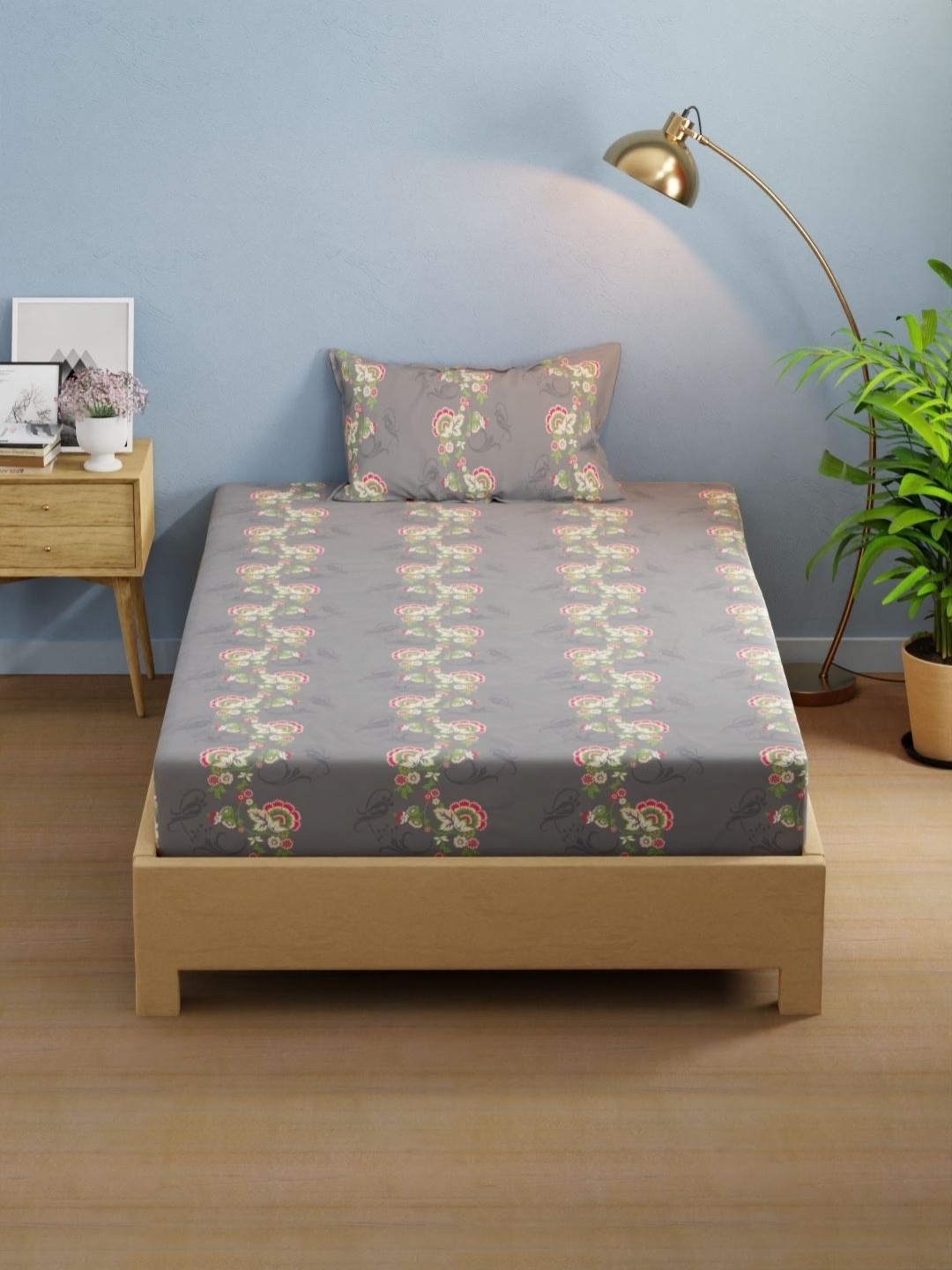 

KOPA Grey & Pink Floral 200 TC Microfiber Single Bedsheet Set 1.50 m x 2.24 m