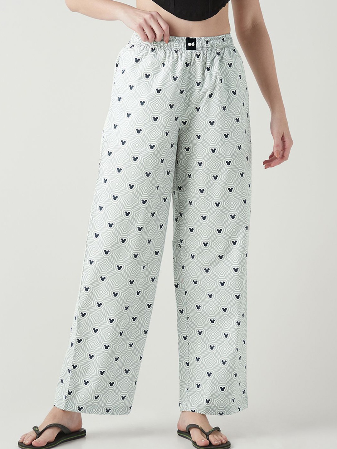 

Bewakoof Women All Over Printed Pure Cotton Wide Leg Lounge Pants, Grey