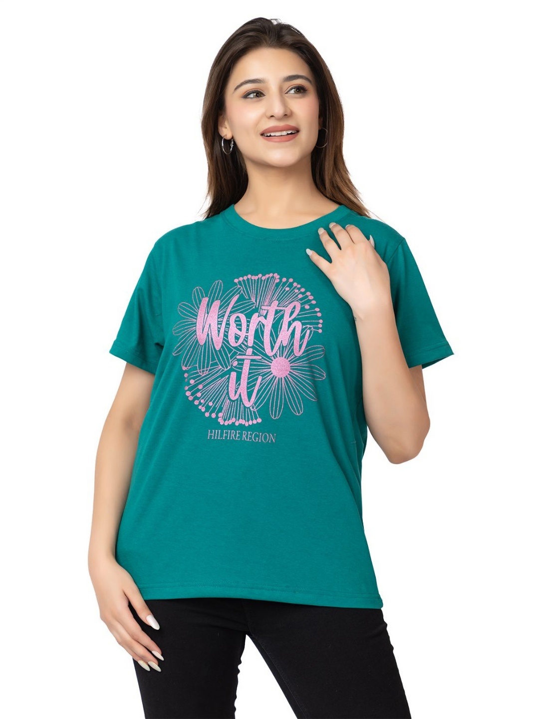 

HILFIRE REGION Women Graphic Printed Round Neck Cotton T-shirt, Teal