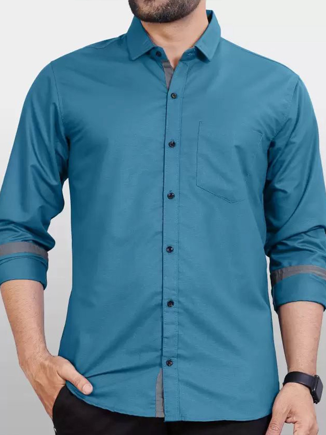 

Tanip Men Spread Collar Solid Cotton Casual Shirt, Blue