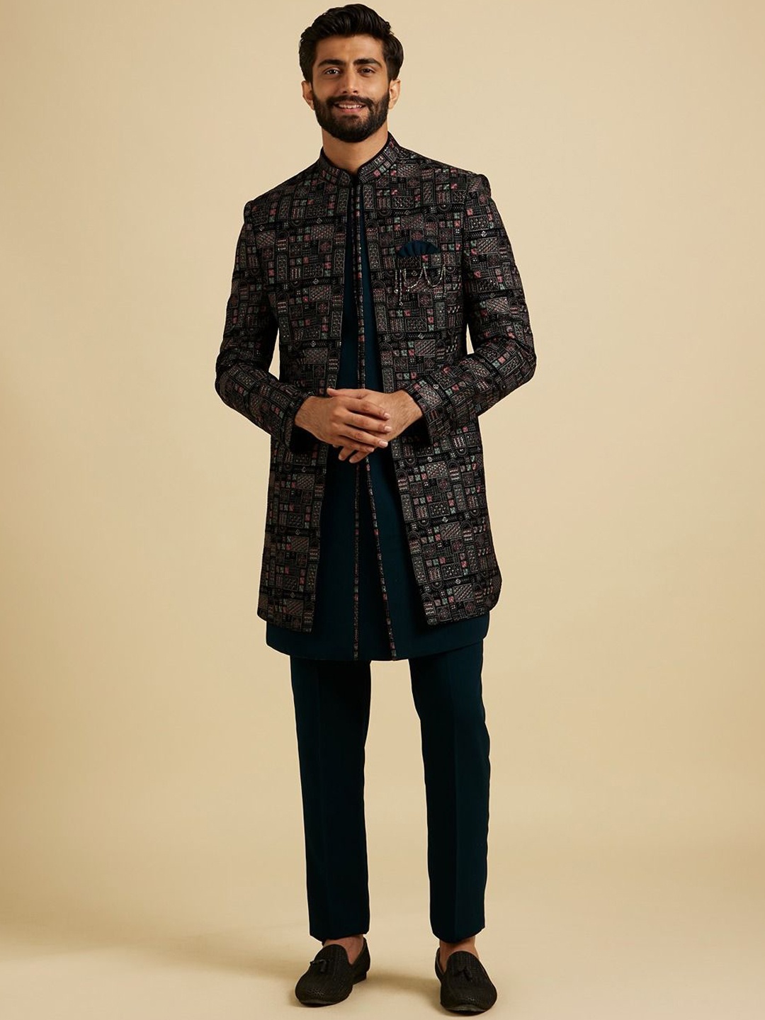 

Manyavar Embroidered Long Sleeve Sherwani Set, Blue