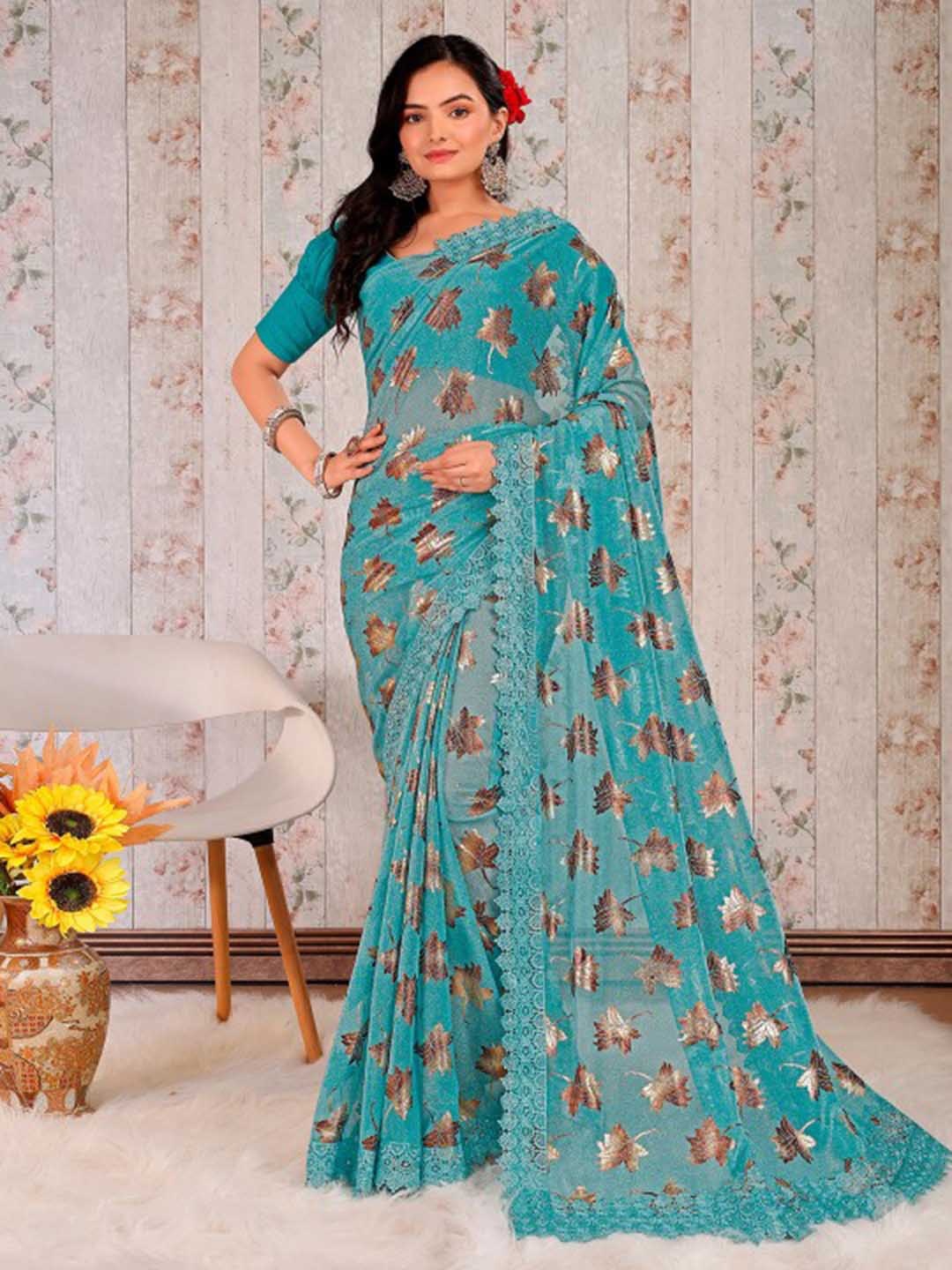 

VRAGI Floral Mysore Silk Saree, Blue