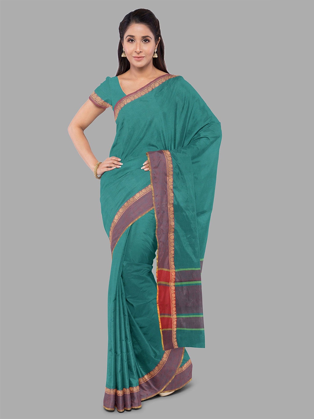 

The Chennai Silks Zari Border Solid Pure Cotton Muga Saree, Blue