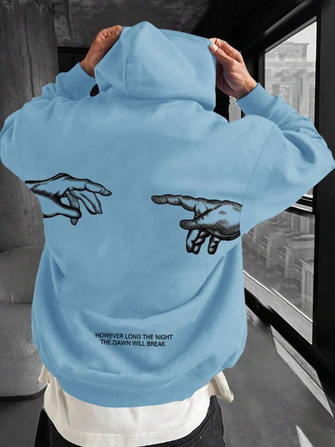 

SAAHASAM Women Printed Hooded Sweatshirt, Blue