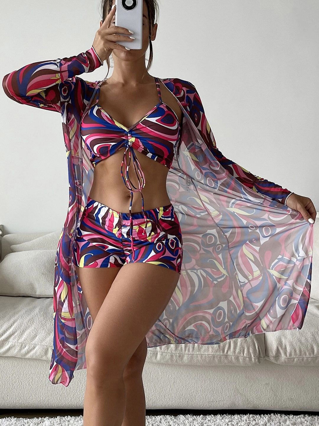 

Krelin 3-Pcs Abstract Printed Ruched Bikini Top & Shorts With Cover Up Top, Pink