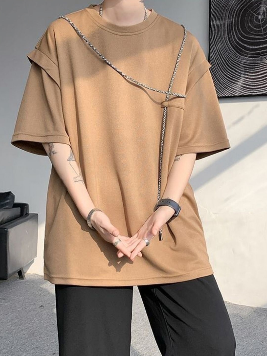 

HERE&NOW Men Solid Round Neck Cotton Oversized T-shirt, Brown
