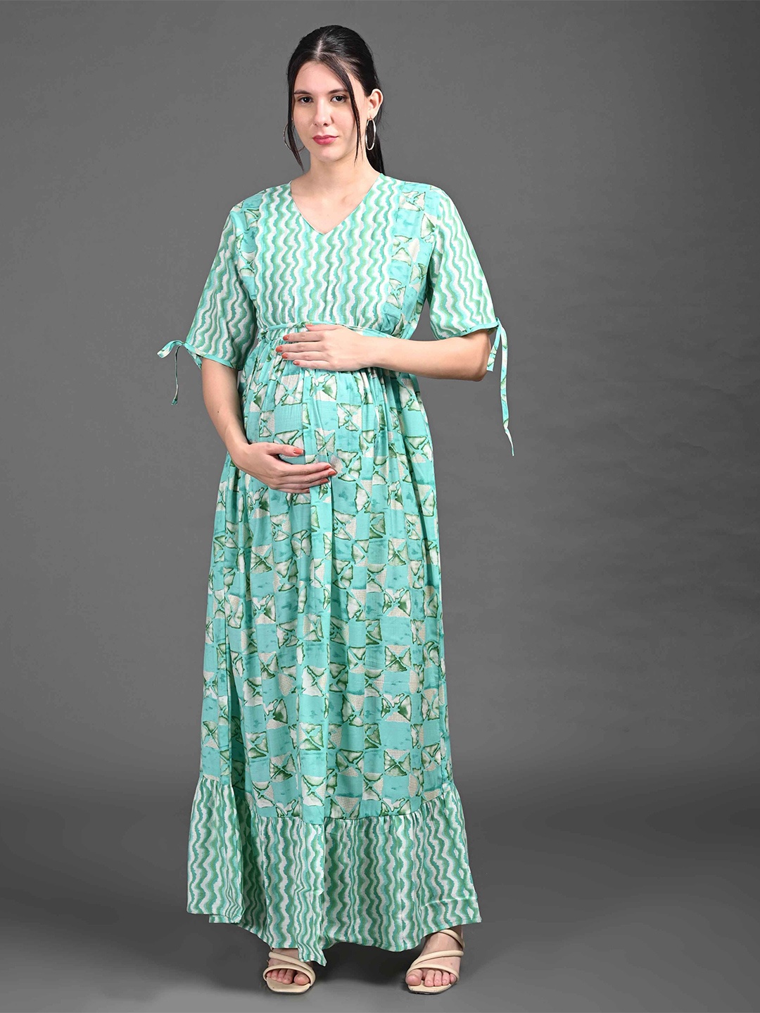 

GOLDSTROMS Women Maternity Printed V-Neck Ethnic Dress, Sea green
