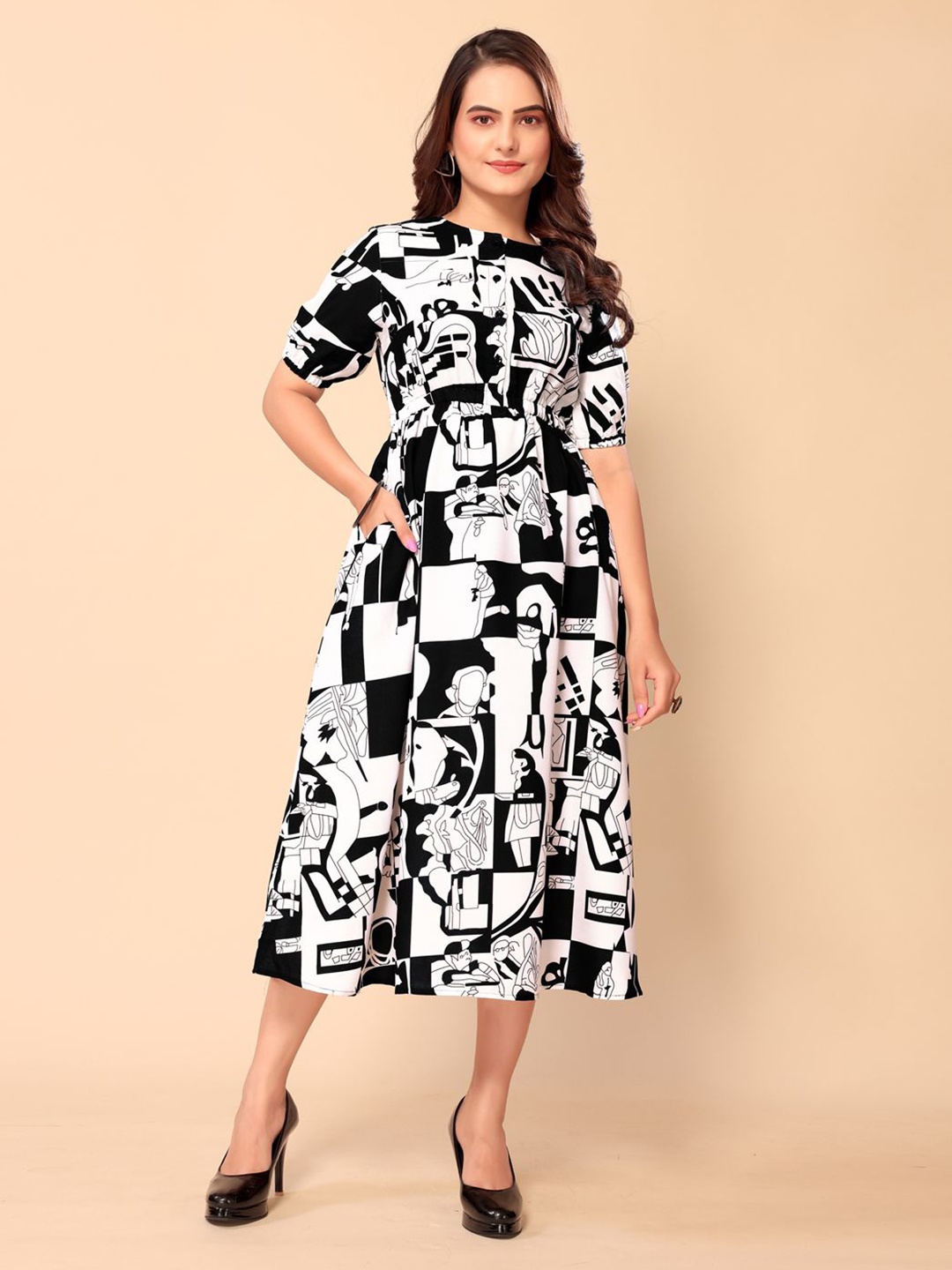 

DressBerry Women Print Fit & Flare Midi Dress, White